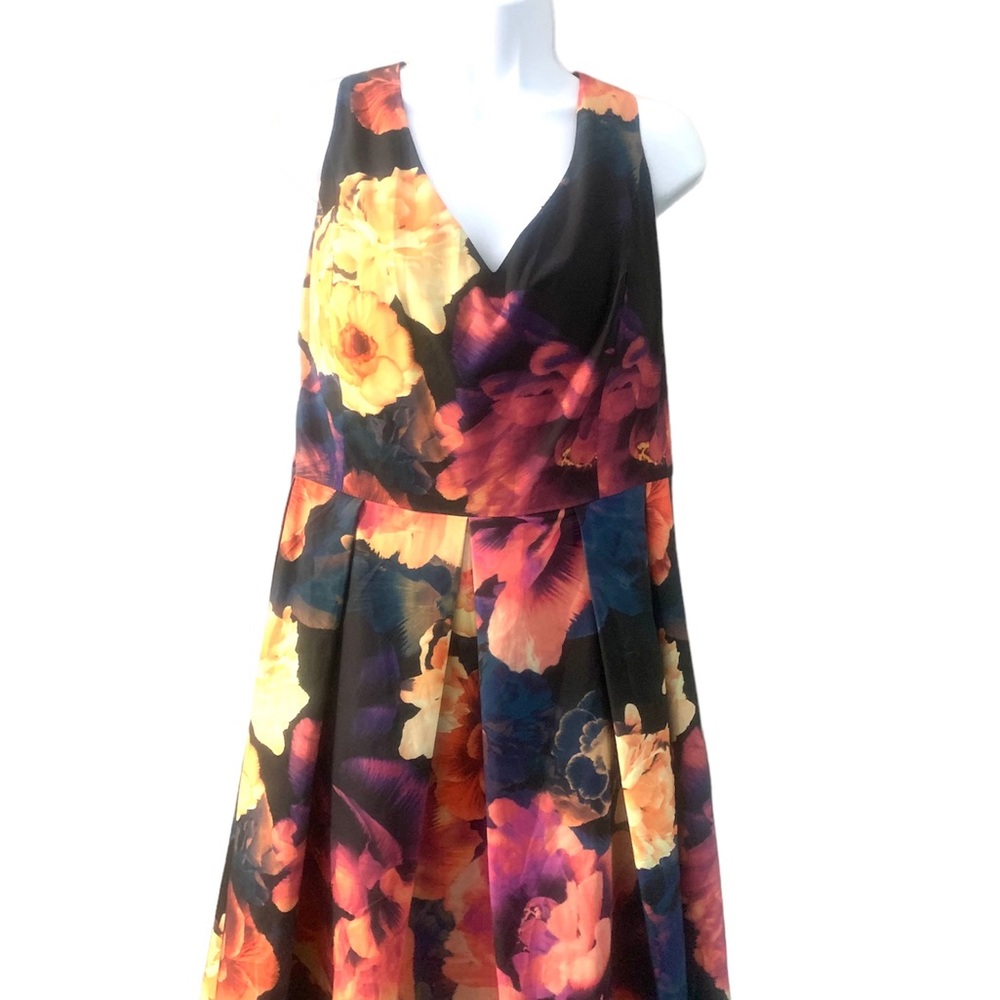 City Chic Black Floral V-Neck Dress with Yellow & Purple Blooms